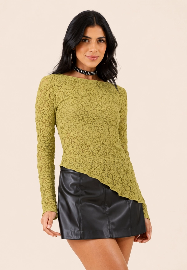 Blusa Manga Longa Assimétrica De Renda