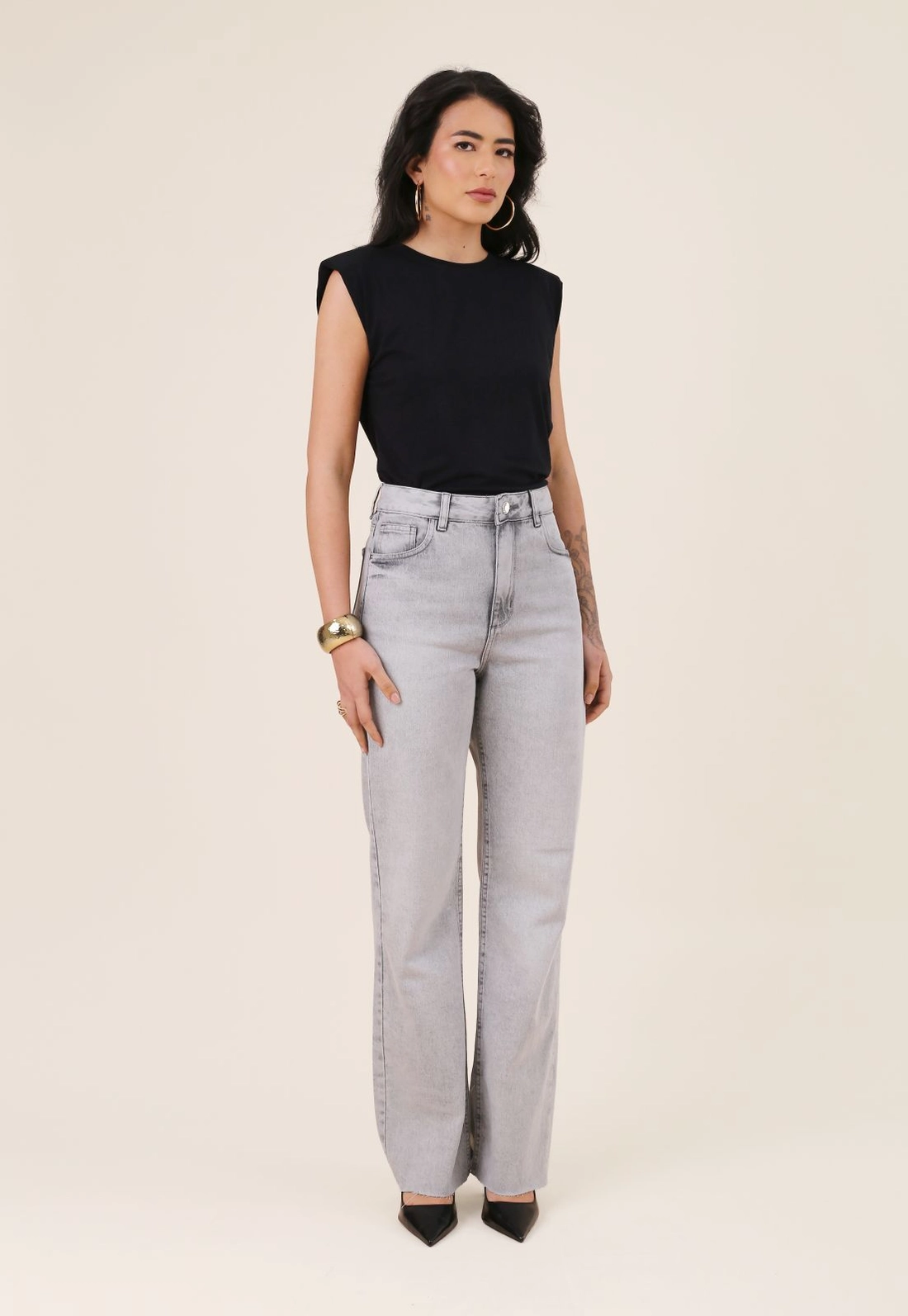 Calça Jeans Reta Cinza