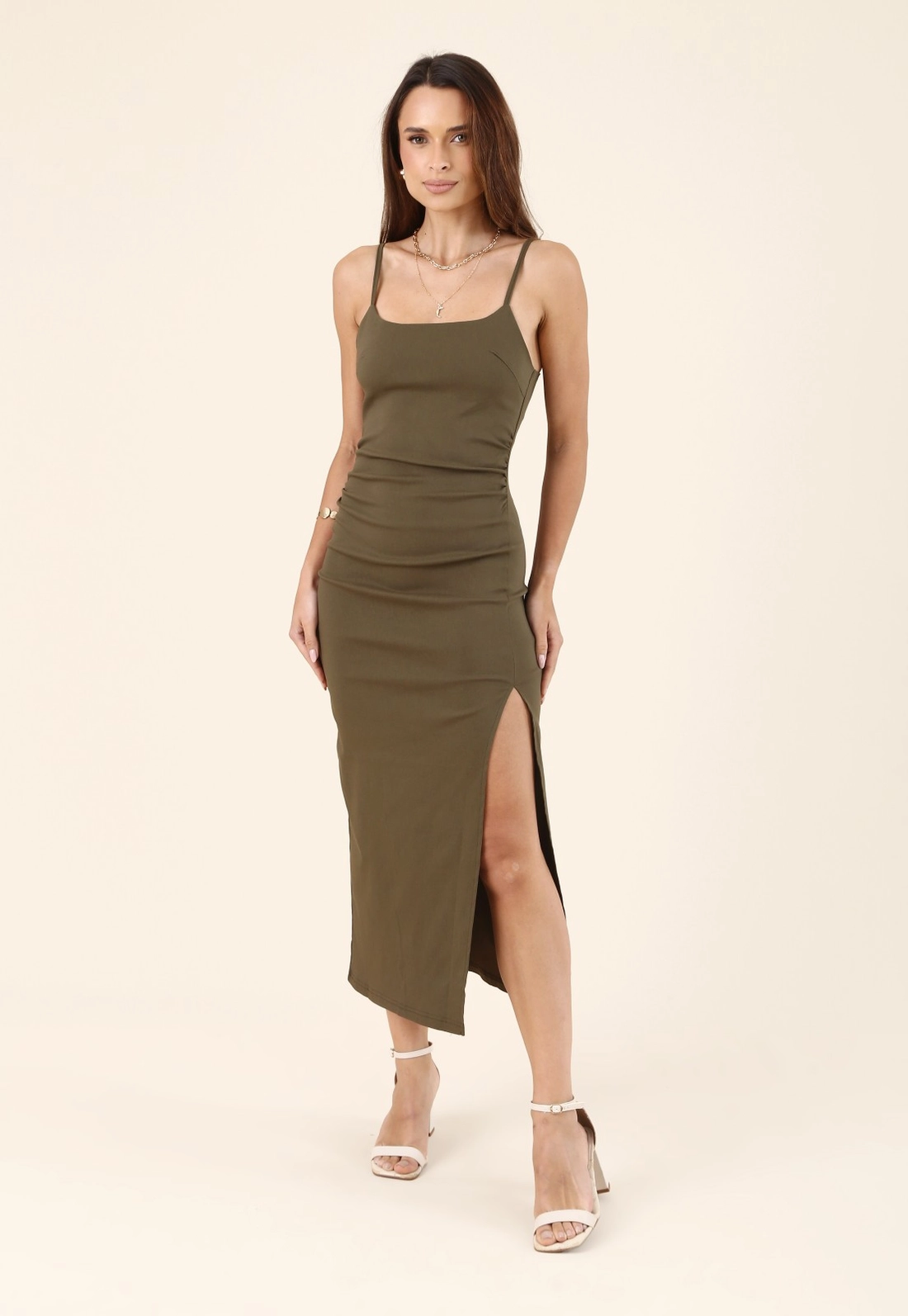 Vestido Midi Franzido Em Bengaline