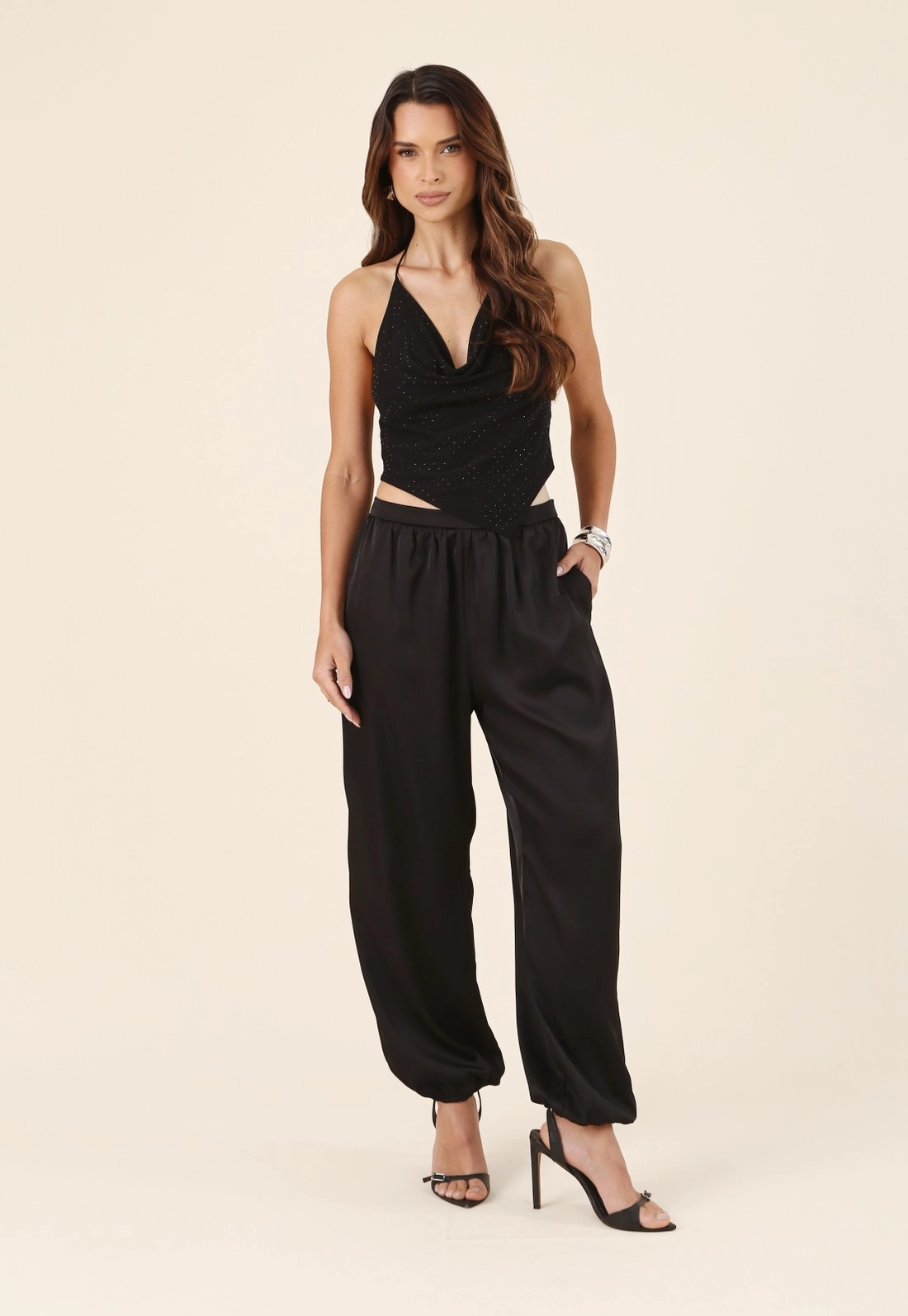 Calça Aladim Com Elástico No Punho Em Cetim