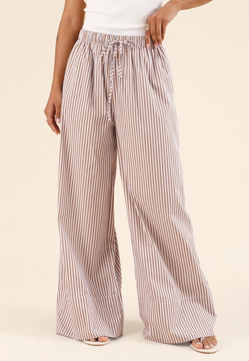 Calça Pantalona Em Tricoline Listrado