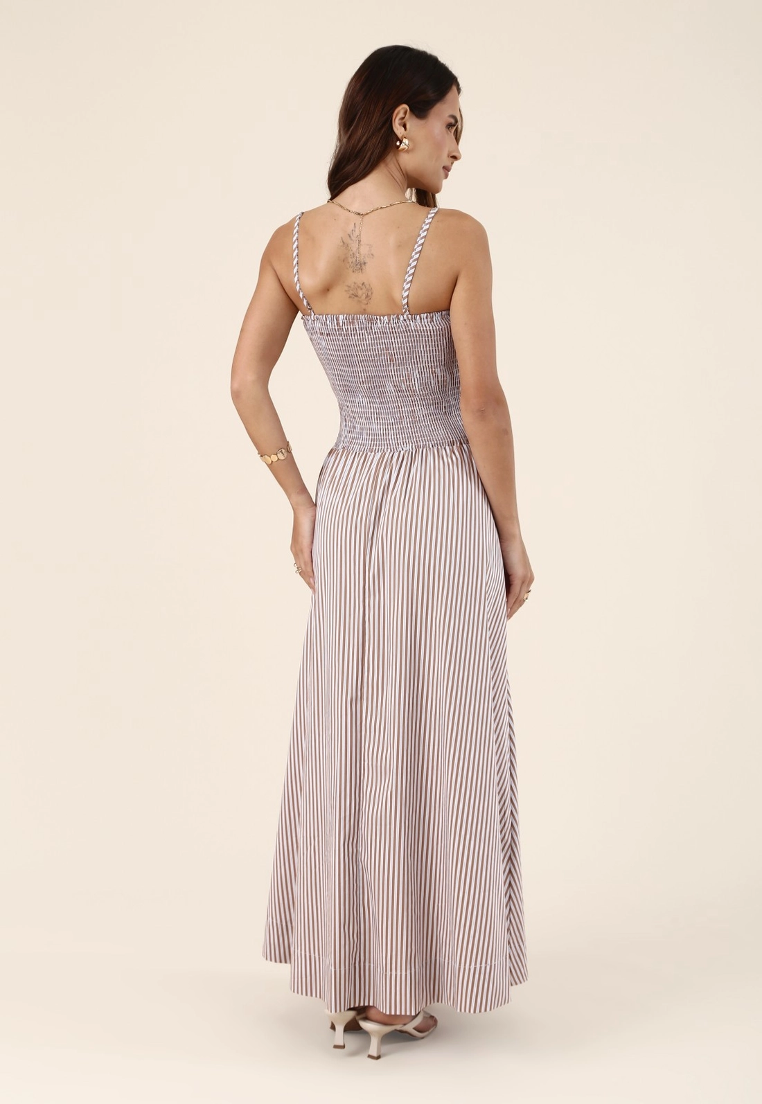 Vestido Midi Lastex Em Tricoline Listrado