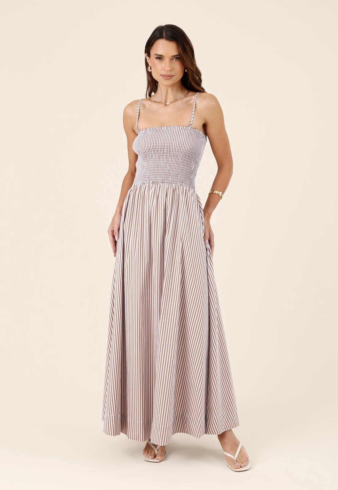 Vestido Midi Lastex Em Tricoline Listrado