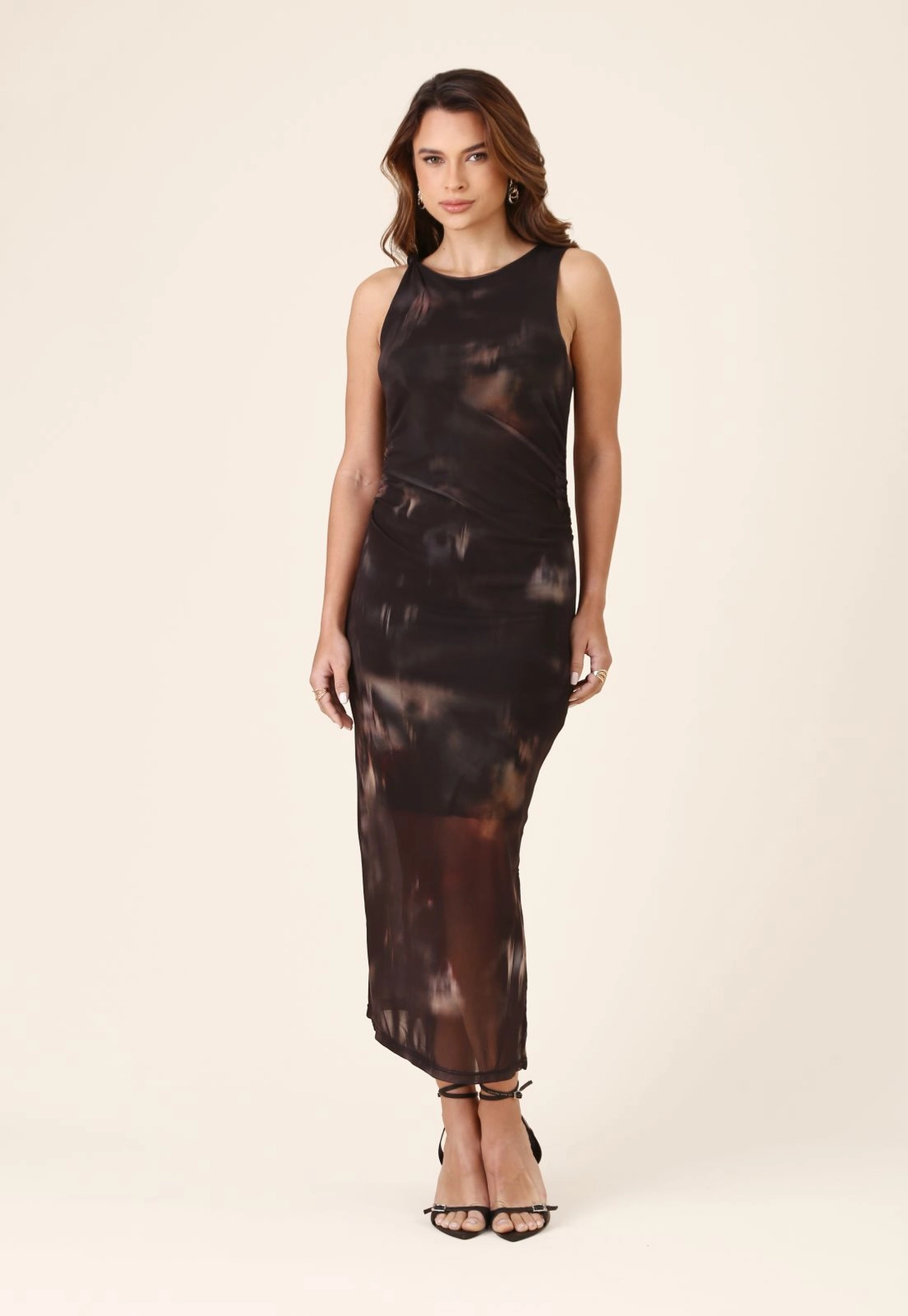 Vestido Midi Sem Mangas Em Tule Efeito Manchado