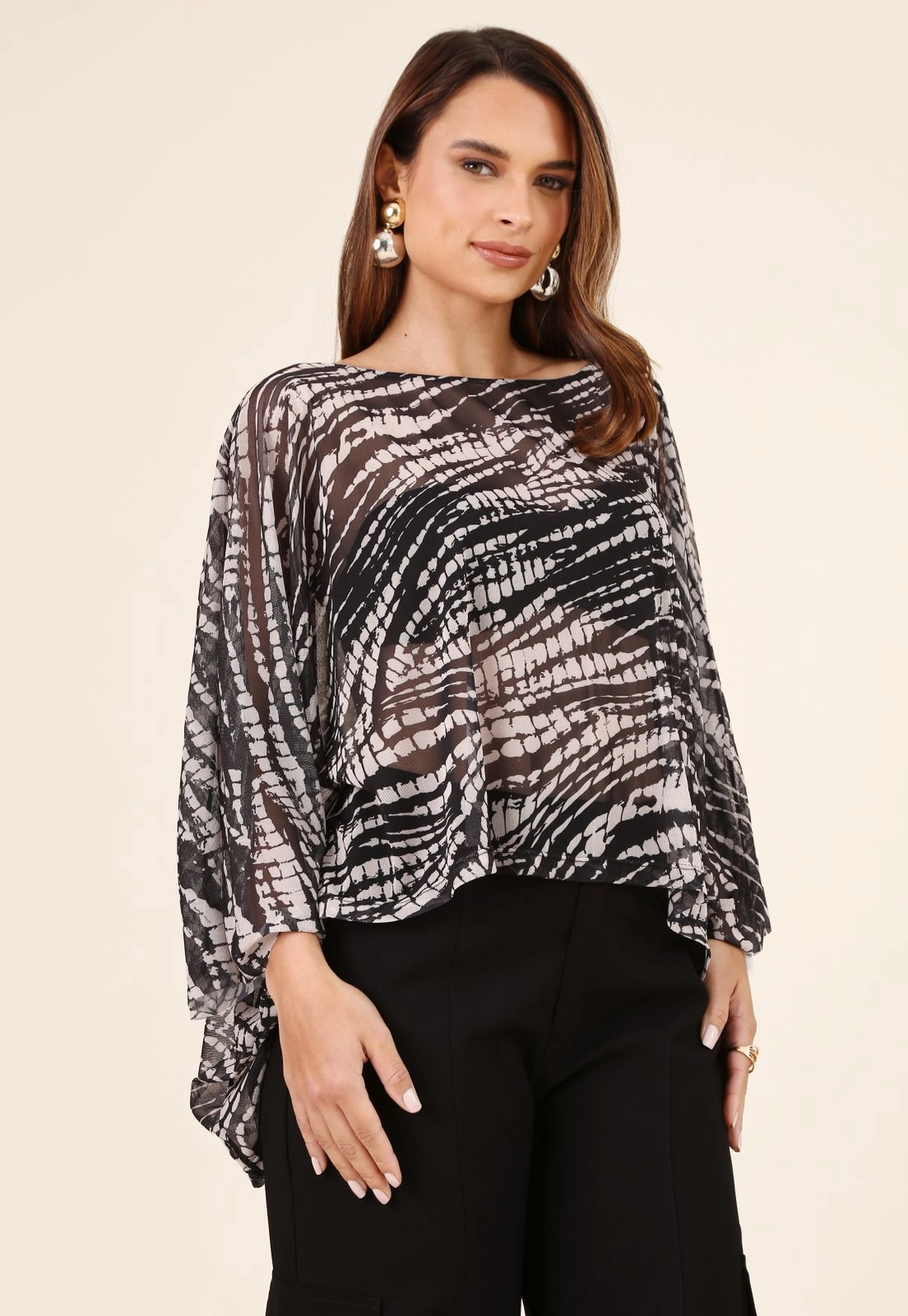 Blusa Túnica Em Tule Estampado Abstrato