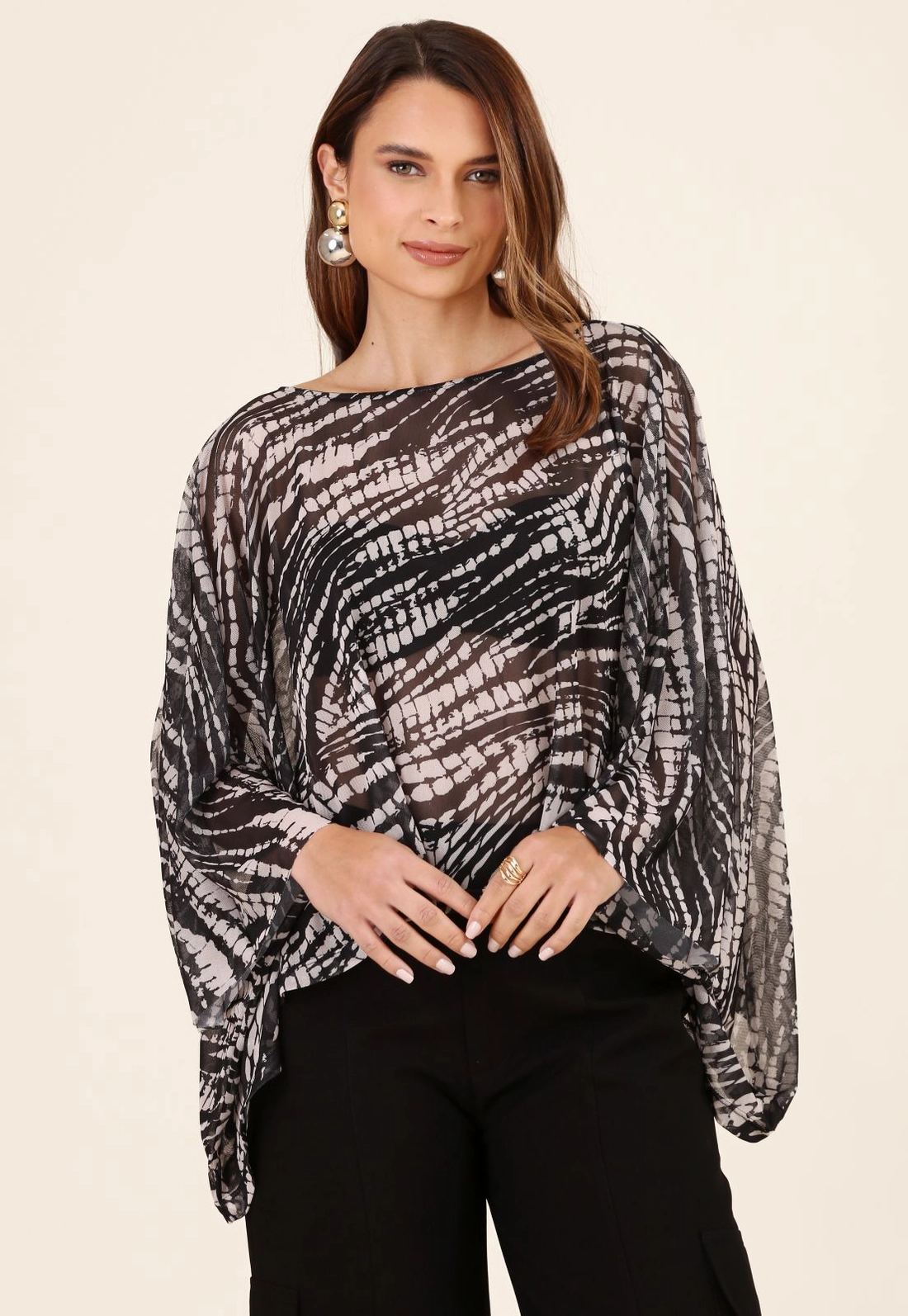 Blusa Túnica Em Tule Estampado Abstrato