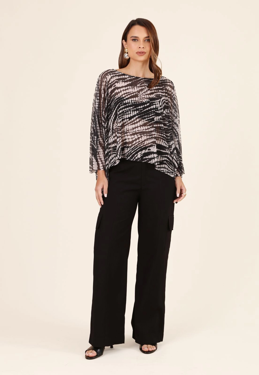 Blusa Túnica Em Tule Estampado Abstrato