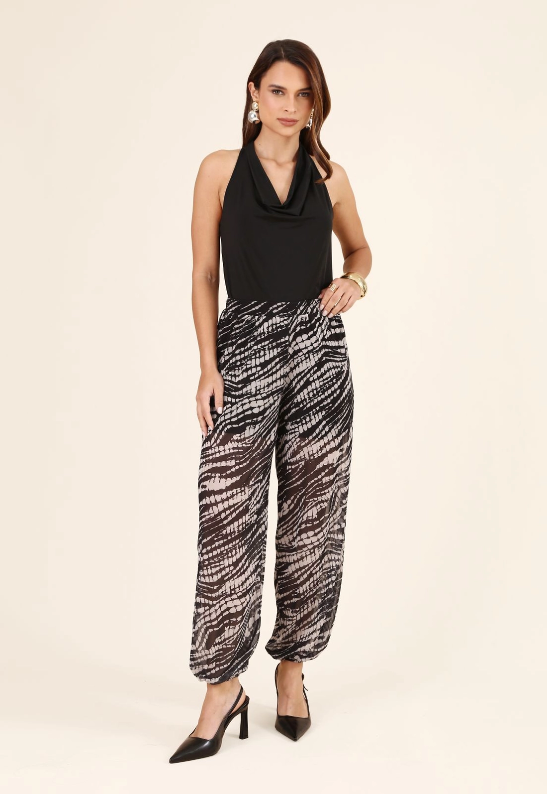Calça Aladim Em Tule Estampado Abstrato