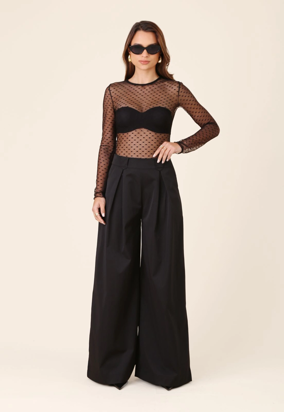 Blusa Manga Longa Decote Redondo Em Tule Poá