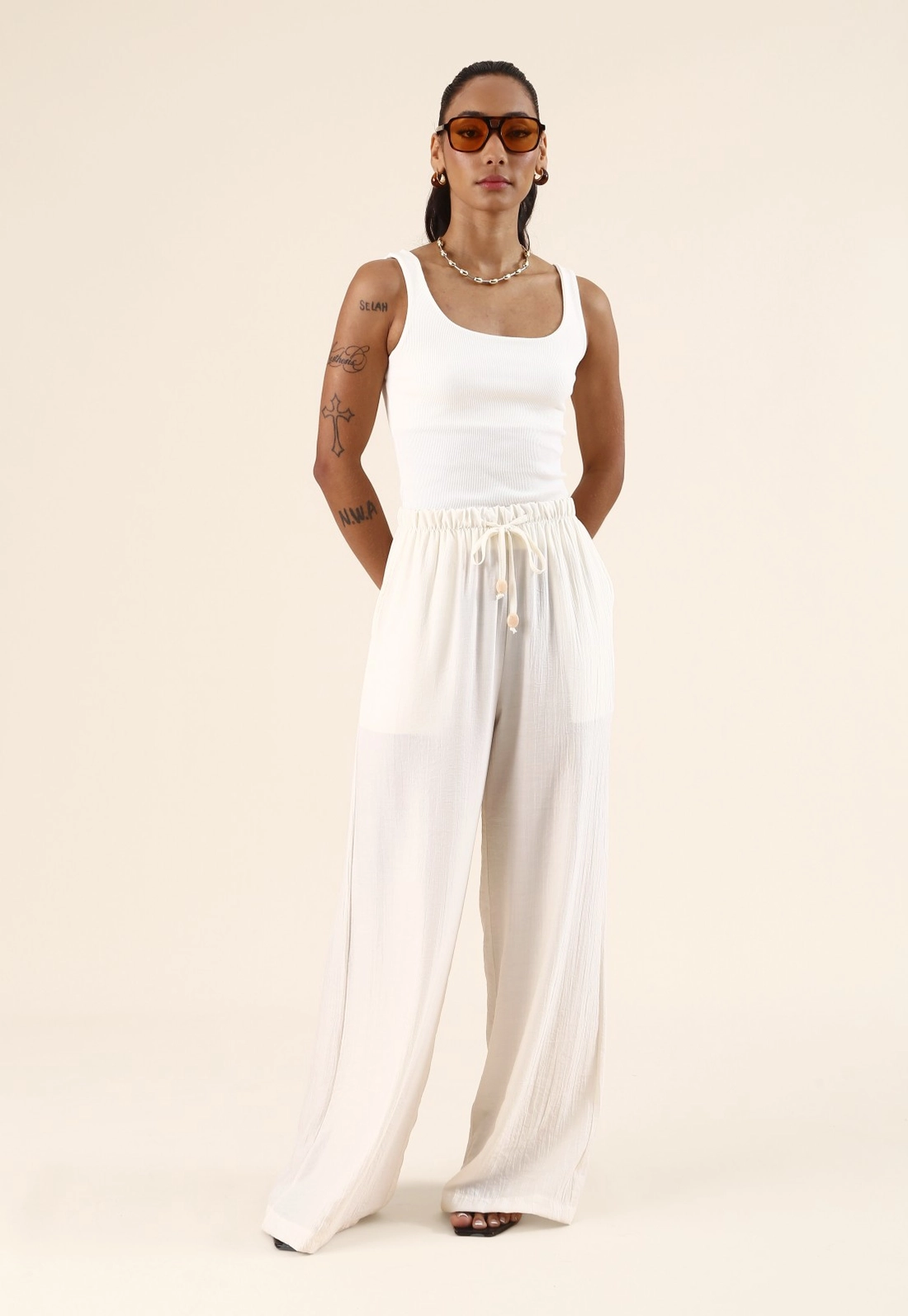 Calça Wide Leg Com Cós De Elástico