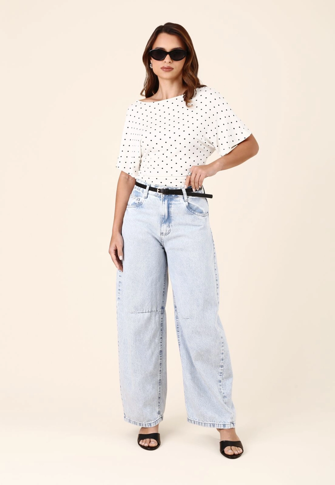 Blusa Ampla Manga Curta Poá Em Viscolycra