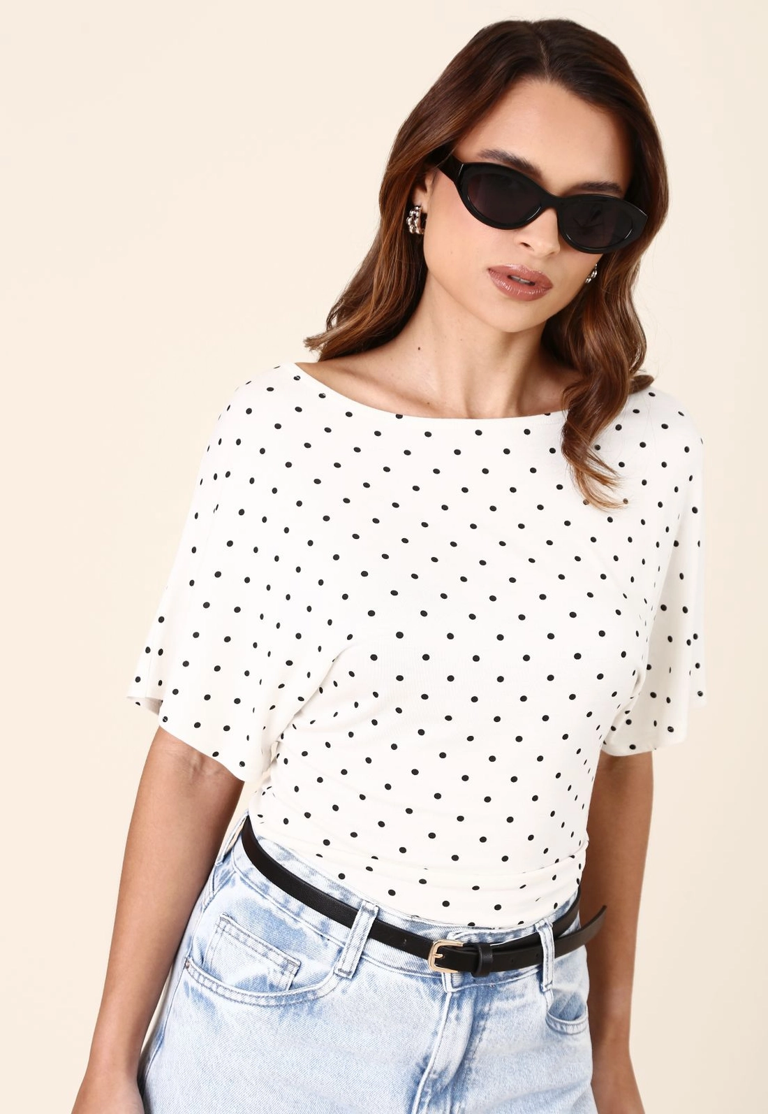 Blusa Ampla Manga Curta Poá Em Viscolycra