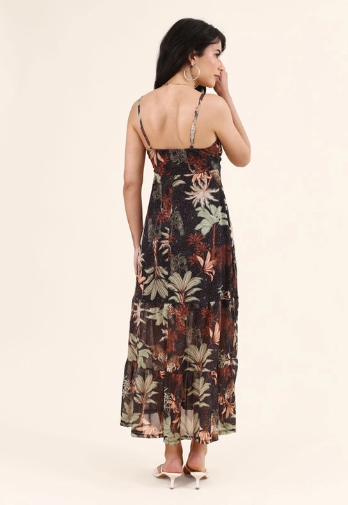 Vestido Midi Em Tule Estampado Tropical