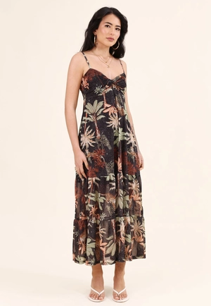 Vestido Midi Em Tule Estampado Tropical