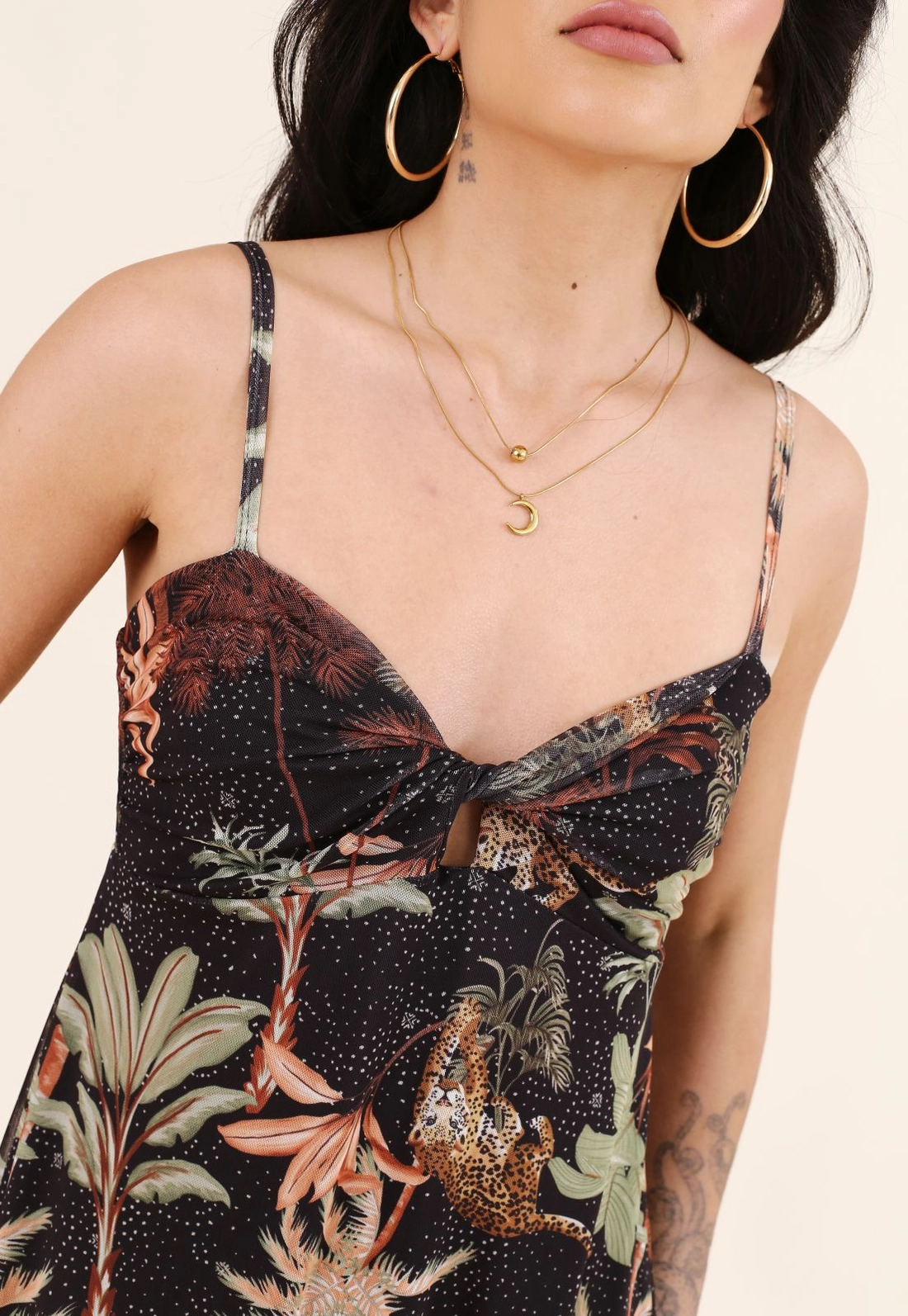 Vestido Midi Em Tule Estampado Tropical
