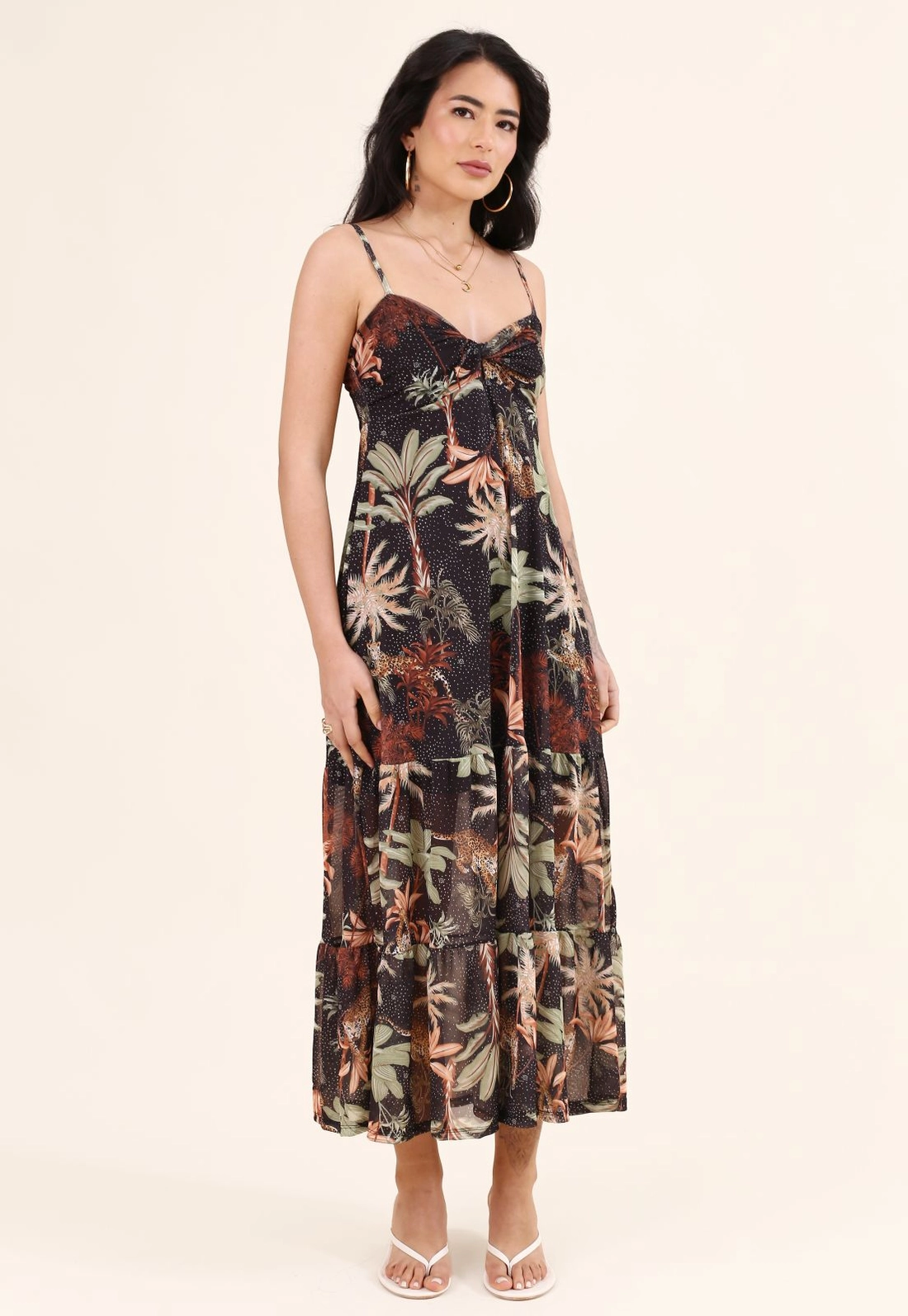 Vestido Midi Em Tule Estampado Tropical