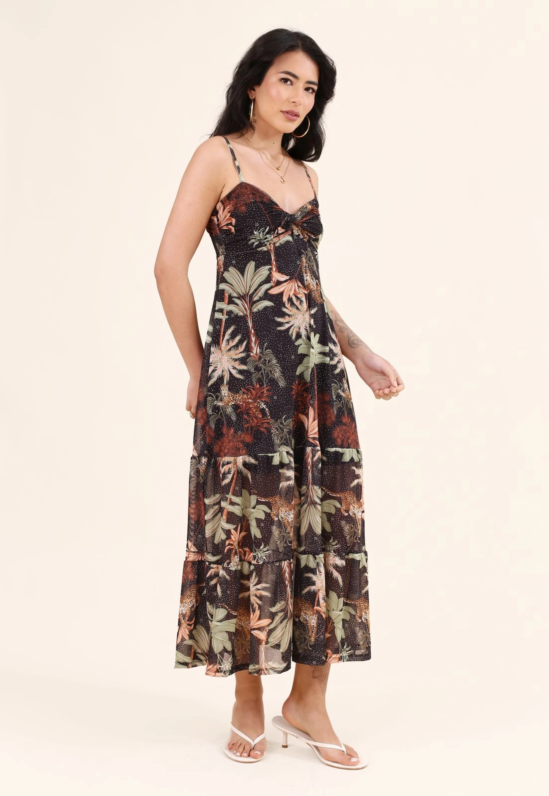 Vestido Midi Em Tule Estampado Tropical