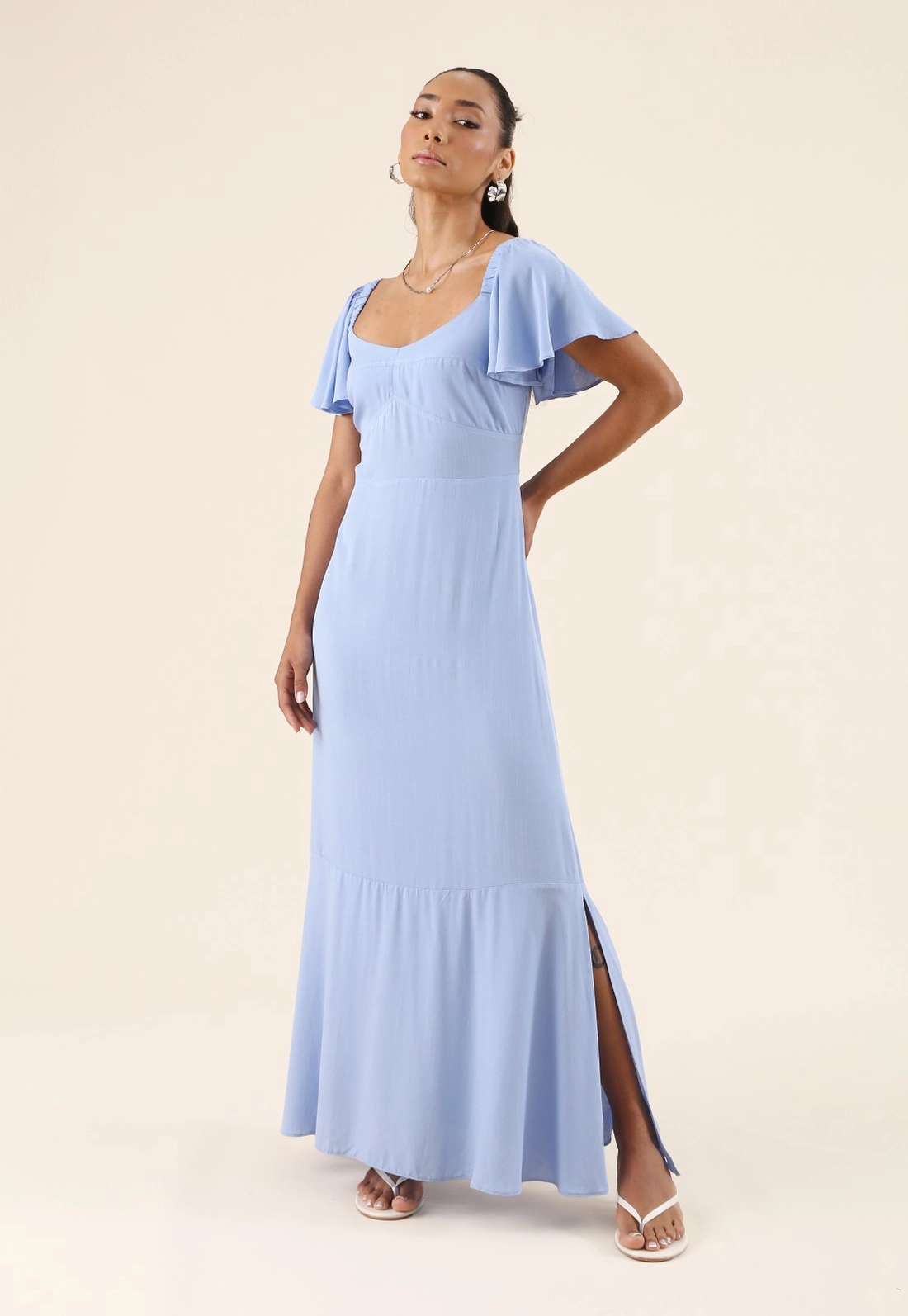 Vestido Midi Com Recorte No Busto E Manga Curta