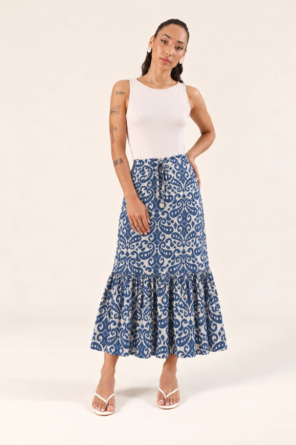 Saia Midi Em Viscose Lurex Estampada