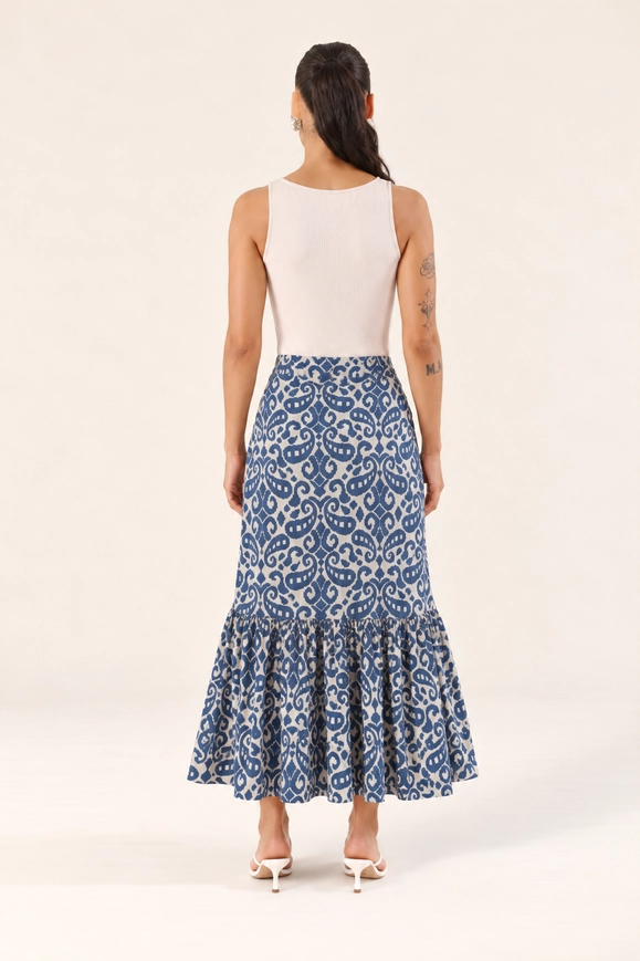 Saia Midi Em Viscose Lurex Estampada