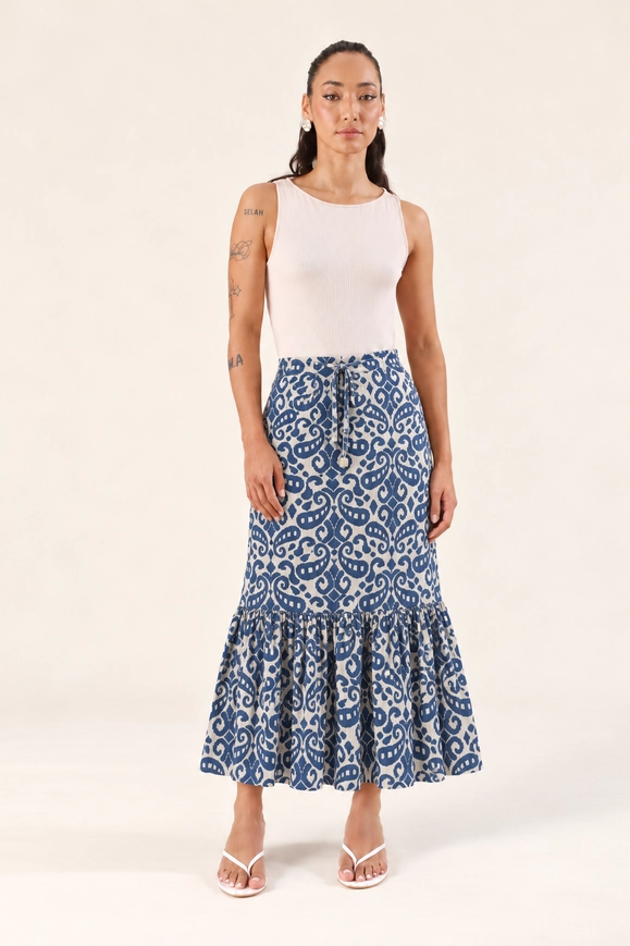 Saia Midi Em Viscose Lurex Estampada