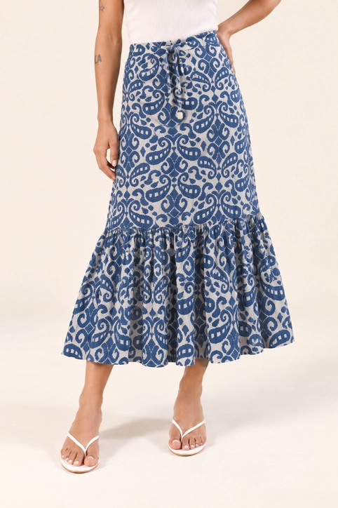 Saia Midi Em Viscose Lurex Estampada