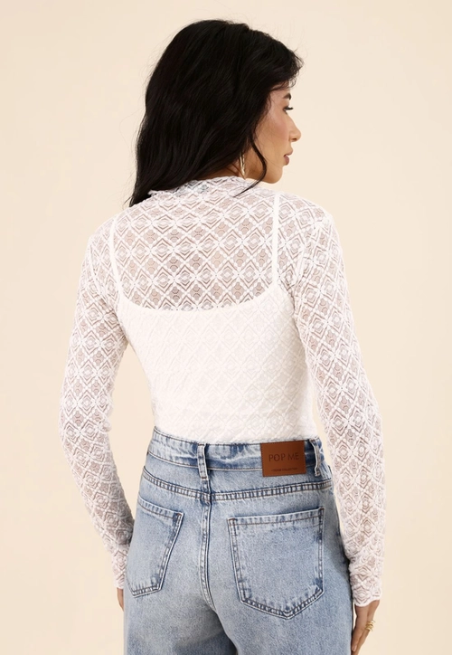 Blusa de Renda Manga Longa Com Gola
