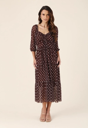Vestido Midi em Tule Estampado Poá com Manga 7/8