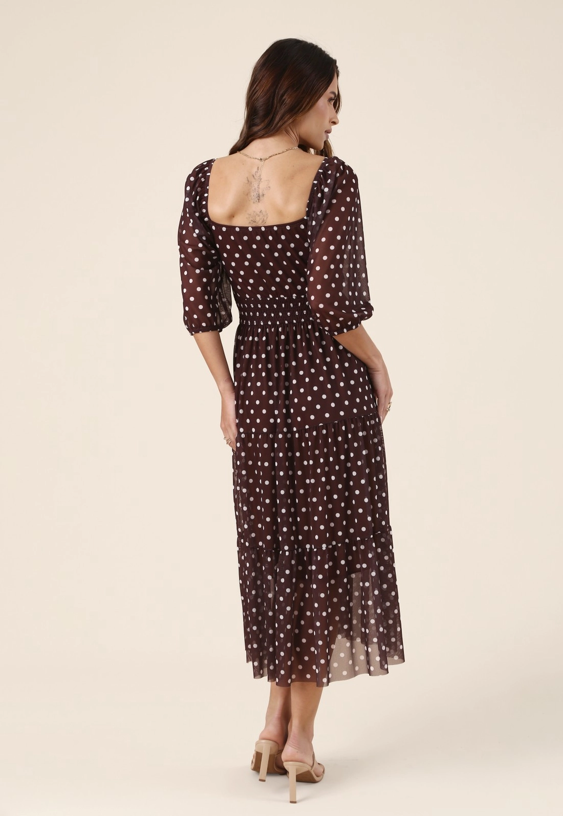 Vestido Midi em Tule Estampado Poá com Manga 7/8