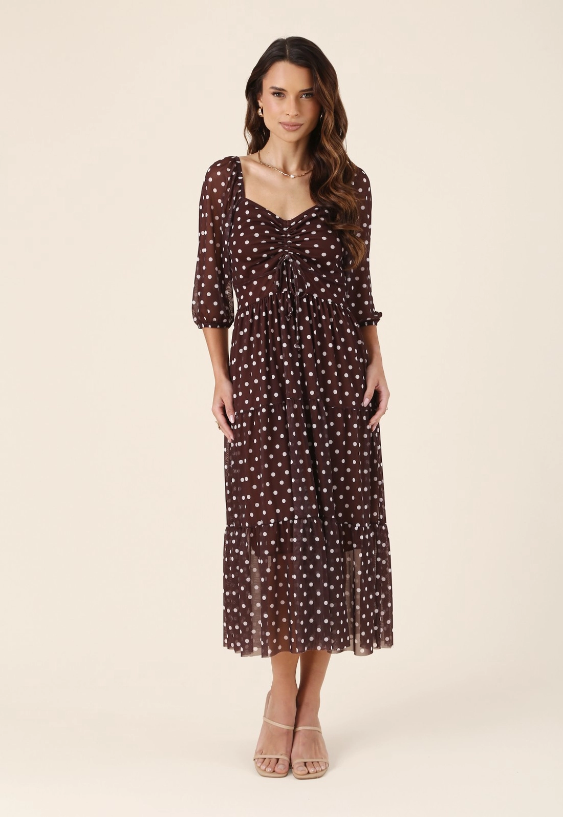 Vestido Midi em Tule Estampado Poá com Manga 7/8