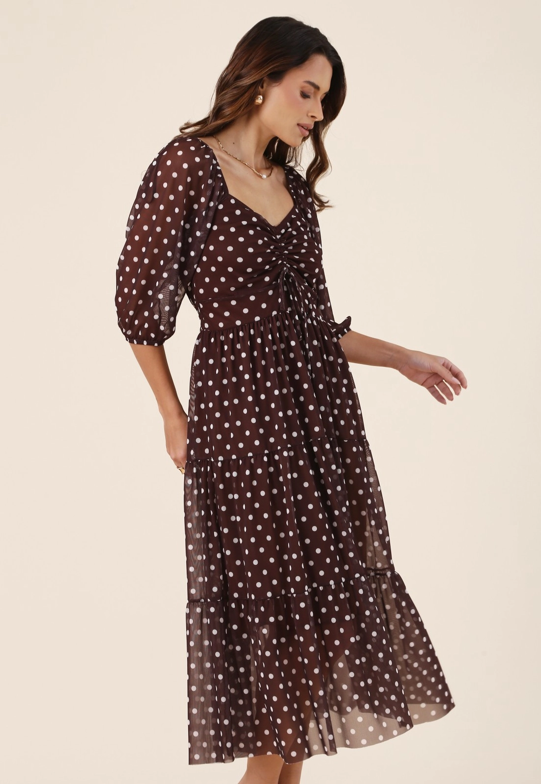 Vestido Midi em Tule Estampado Poá com Manga 7/8