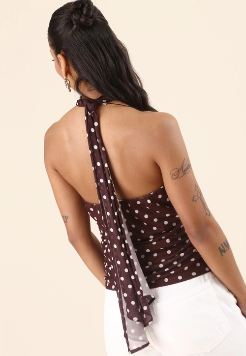 Blusa Frente Única Em Tule Estampado Poá