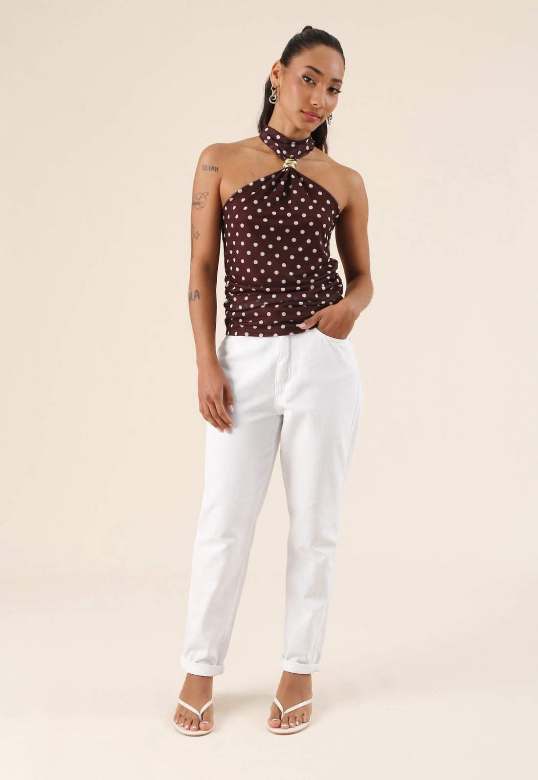 Blusa Frente Única Em Tule Estampado Poá