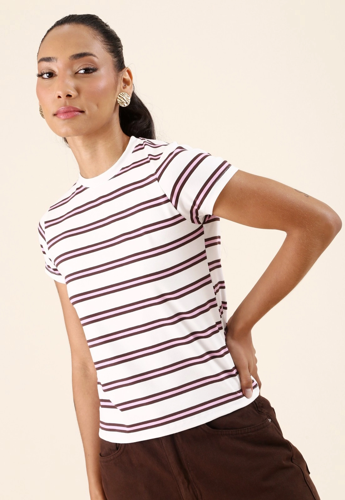 Blusa Manga Curta Em Malha Listrada