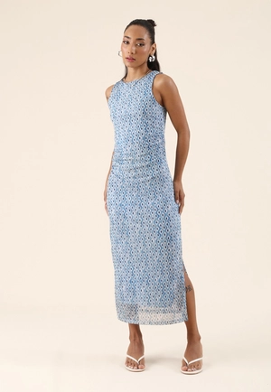 Vestido Midi Sem Manga Em Tule Estampado Azul