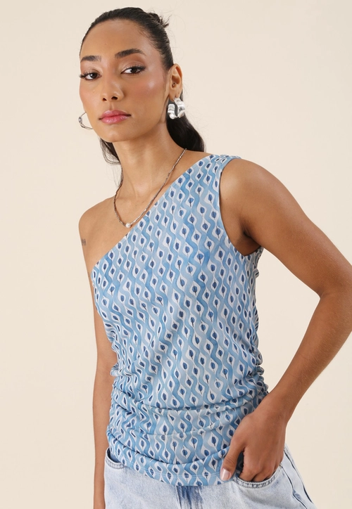 Blusa Ombro Só Em Tule Estampado Azul