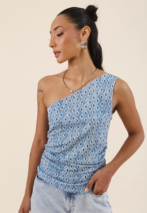 Blusa Ombro Só Em Tule Estampado Azul