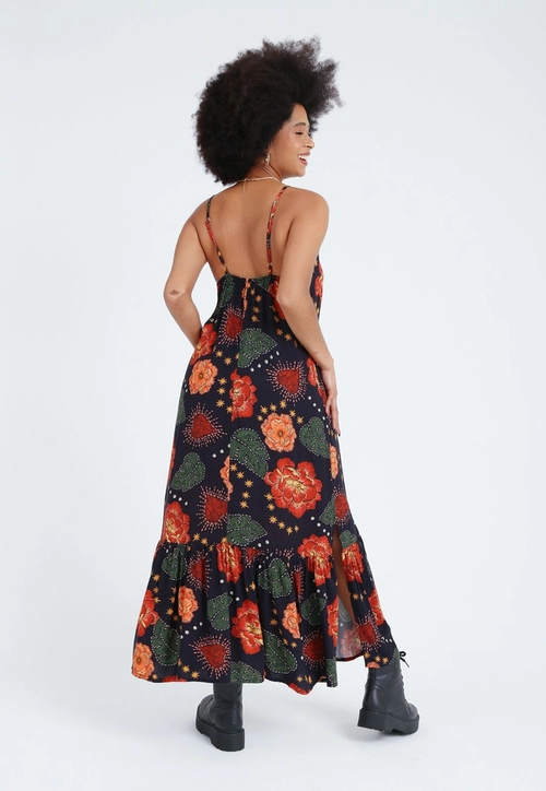 Vestido Viscose Alça Midi Babado Estampado