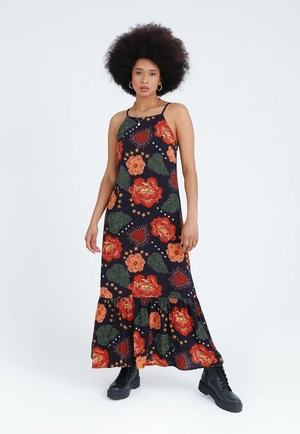 Vestido Viscose Alça Midi Babado Estampado