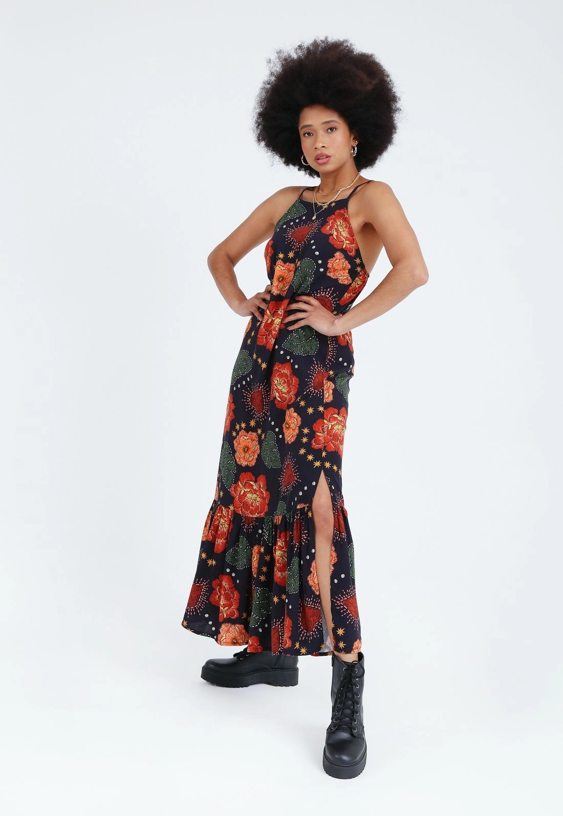 Vestido Viscose Alça Midi Babado Estampado