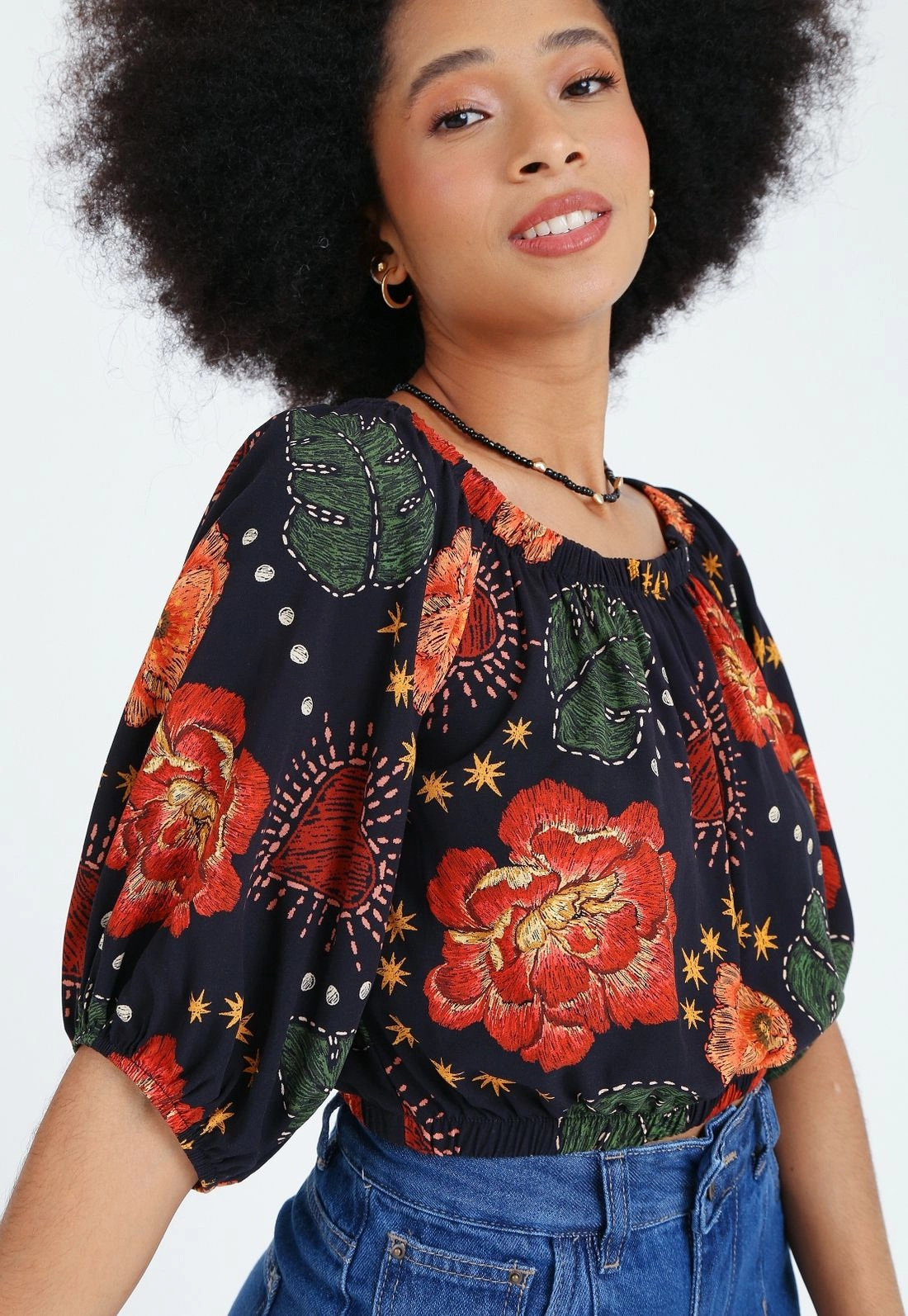 Cropped Viscose Ombro A Ombro Estampado