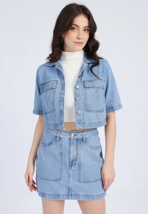 Camisa Jeans Manga Curta Bolso Frontal