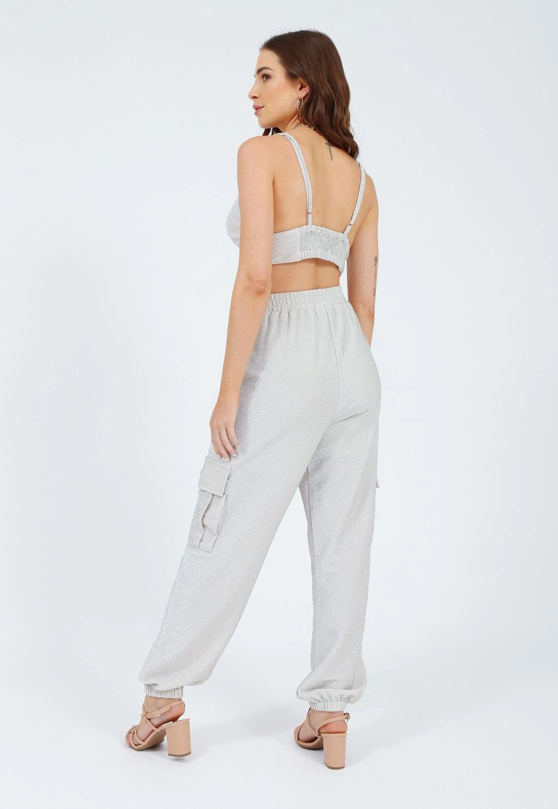 Calça Malha Lurex Jogger Bolso Cargo