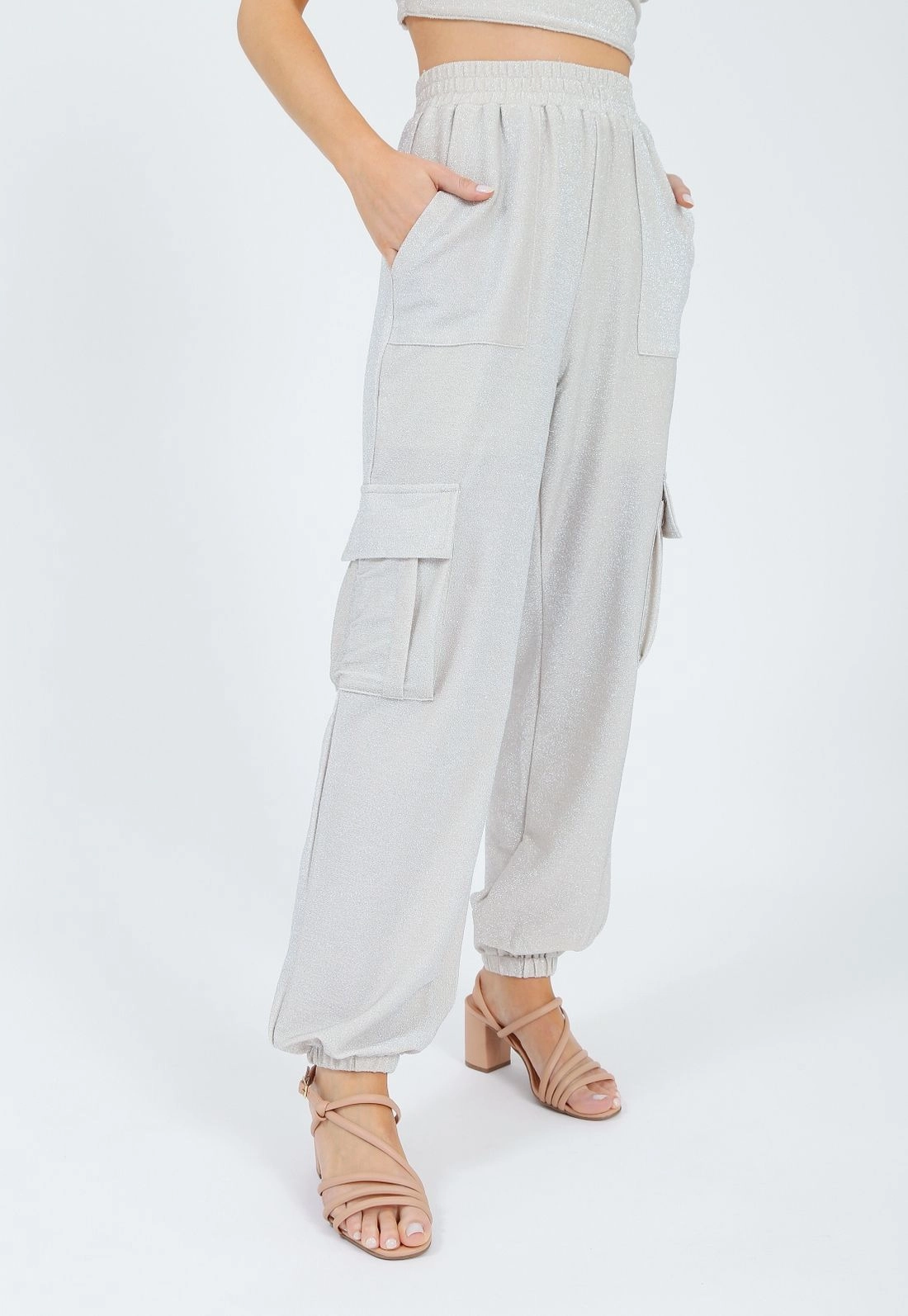 Calça Malha Lurex Jogger Bolso Cargo