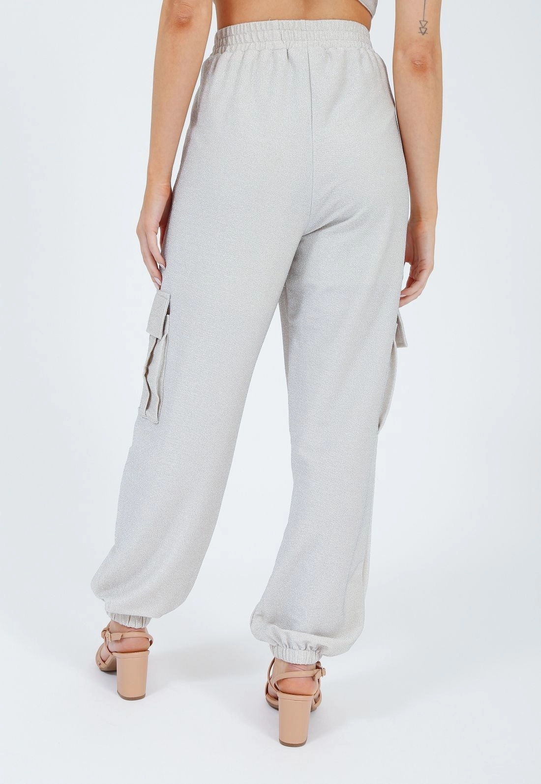 Calça Malha Lurex Jogger Bolso Cargo