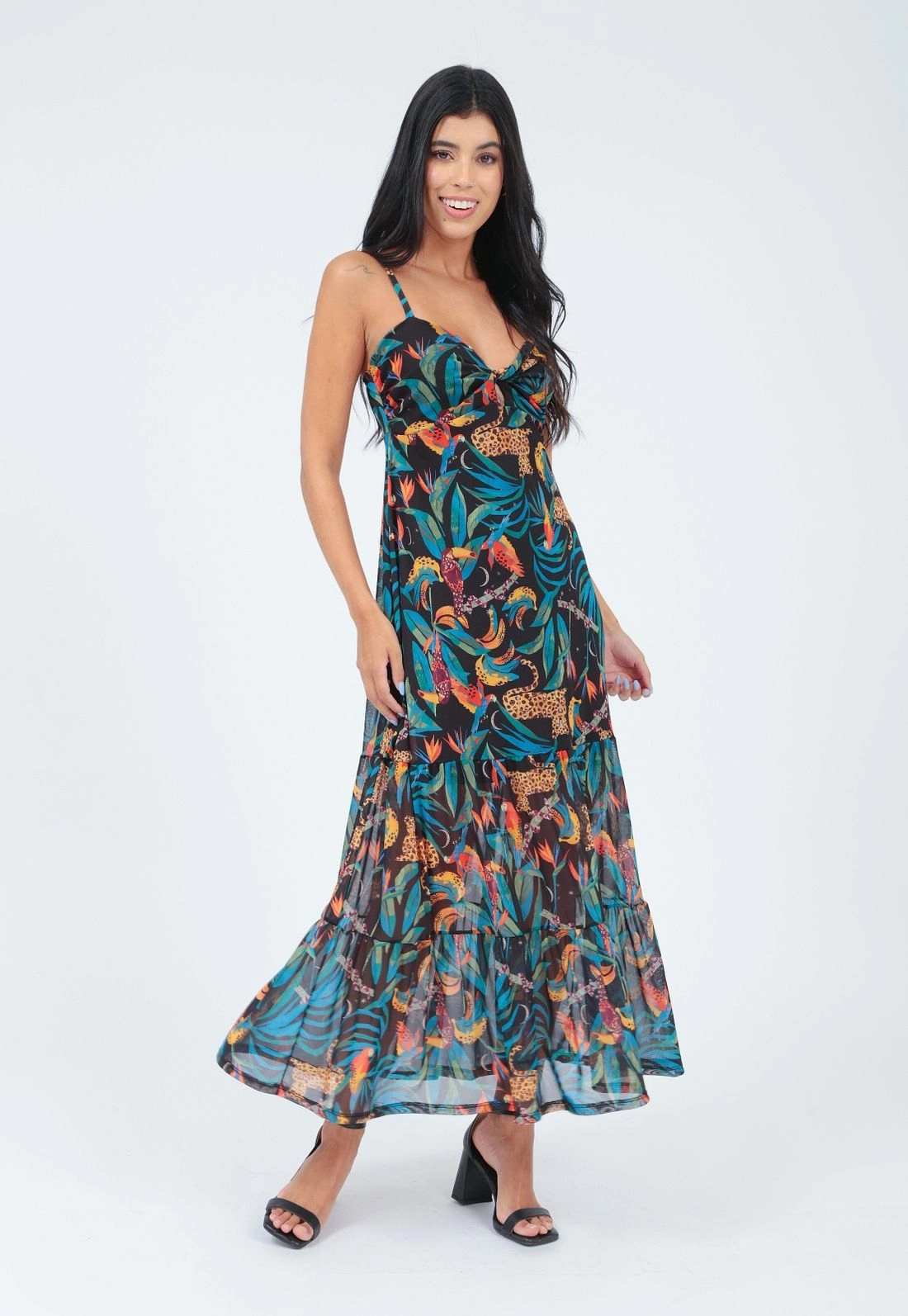 Vestido Tule Alça Busto Torcido Estampado
