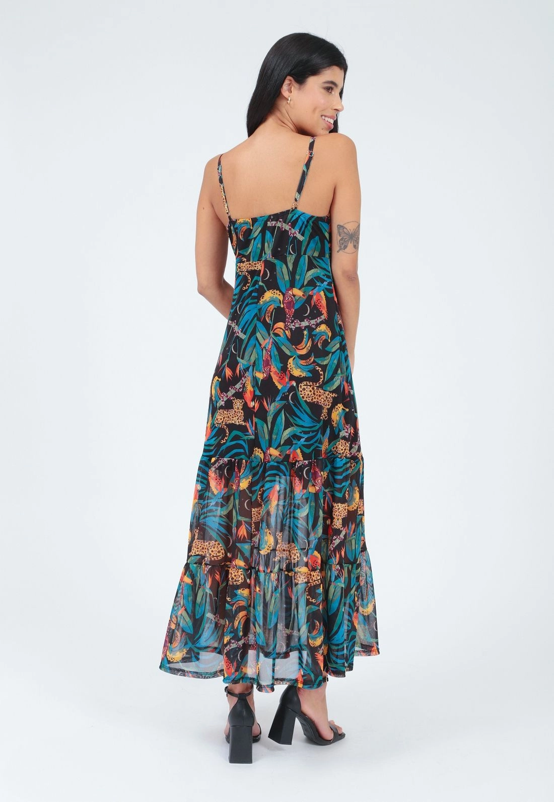 Vestido Tule Alça Busto Torcido Estampado