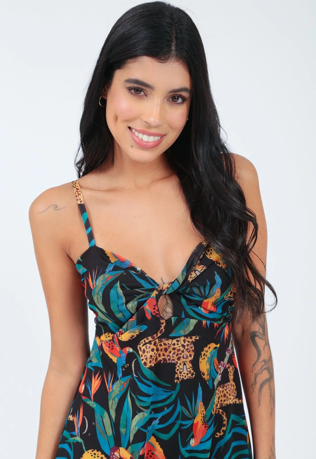 Vestido Tule Alça Busto Torcido Estampado