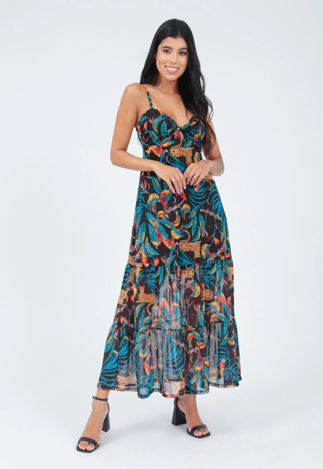 Vestido Tule Alça Busto Torcido Estampado
