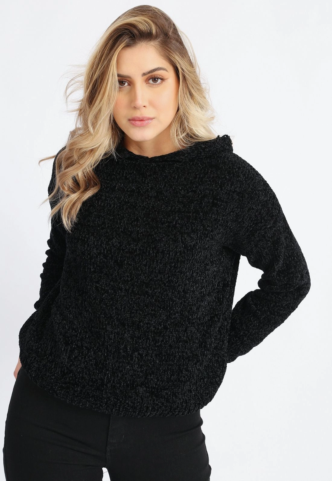 Blusa Tricô Chenille Capuz g